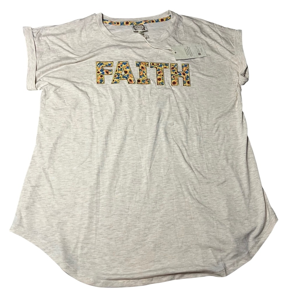 Truself Womens Faith Sunflower‎ Floral Applique Tee Oatmeal Heather XL 20AN-PHEH